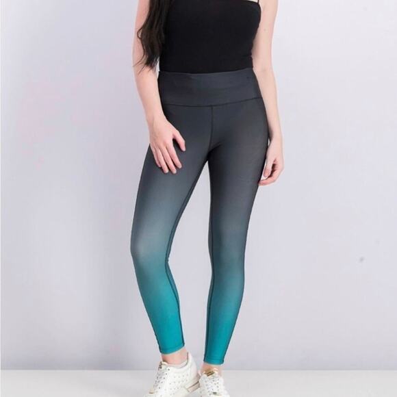 BCBGMAXAZRIA teal ombre velvet trimmed active athletic leggings size large new!! - Picture 1 of 12